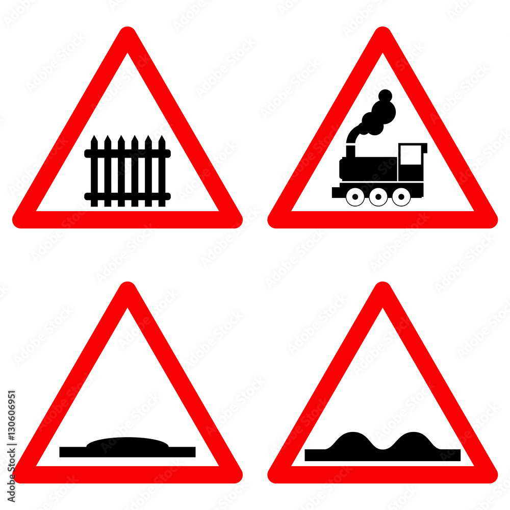 Traffic signs vector set on white background, railway level crossing ahead, speed hump, rough road symbols in red triangle. Vector Traffic signs vector set on white background, railway level crossing ahead, speed hump, rough road symbols in red triangle. Vector