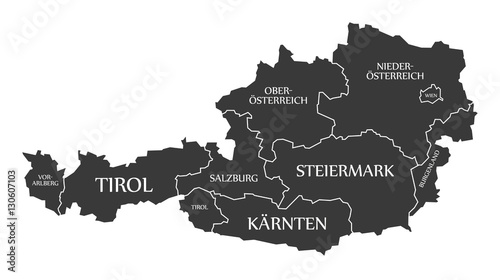 Fotografia, Obraz Austria Map with states and labelled black