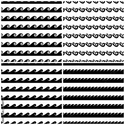 Set of swils and waves seamless patterns in black white