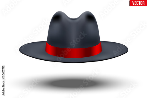 Classic Men Hat. Black color with red ribbon. Accessory for beauty stylish man and gentlemen. Vector Illustration Isolated on white background.