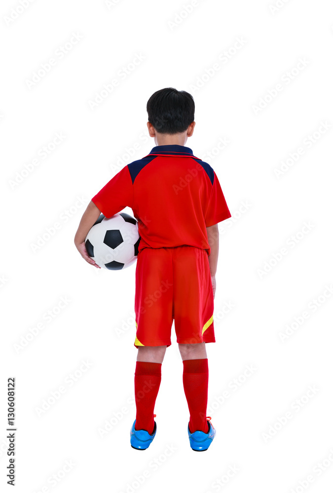 Back view of young asian soccer player with soccer ball. Studio shot.