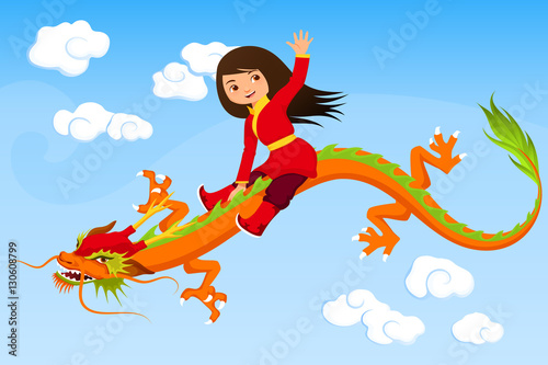 cute Asian girl riding a dragon
