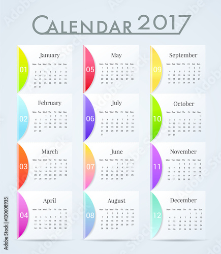 January-December for Calendar  2017 year.Week starts Monday. Vector design stationery template Multi-color illustration. Yearly calendar template set 12 months  Print artwork.