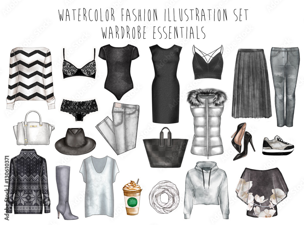 Watercolor digital illustration - watercolor fashion clip art set - Wardrobe  essentials - Woman Apparel - Flat fashion sketch Stock Illustration