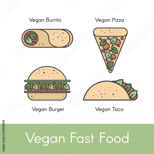 Vector Icon Style Illustration Set with Different Kinds of Vegan Fast Food including Burger, Pizza, Burrito and Taco. Vegetarian food, meat-free, diary-free, organic, plant-based fresh goods