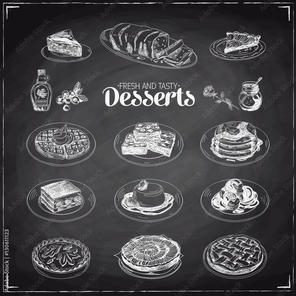 Vector hand drawn sketch restaurant desserts set. 
