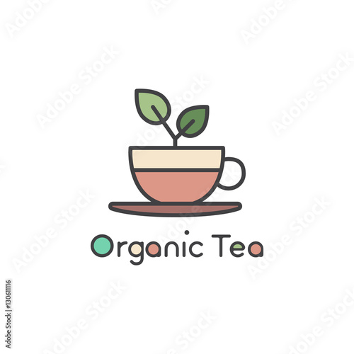 Vector Flat Icon Style Illustration Logo for Organic Green tea Shop for Healthy Lifestyle. Cup of Organic gGreen Tea and Fresh Green Leafs  