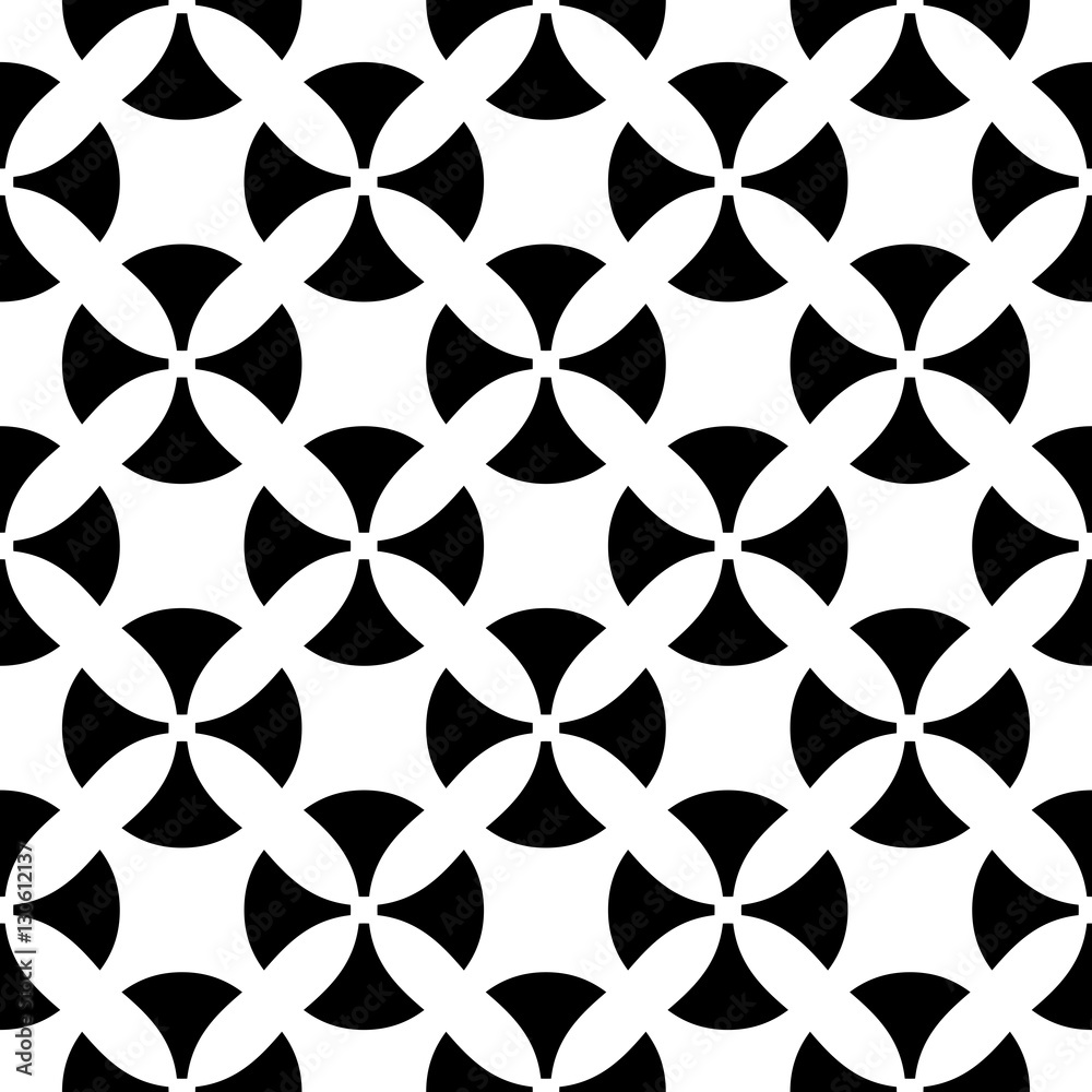 Vector monochrome seamless pattern. Simple black & white texture, illustration with smooth geometric figures in ancient style. Abstract repeat background. Design element for prints, decoration, web
