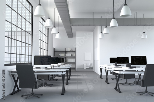 3D Rendering : illustration of modern interior white office of Creative designer desktop with PC computer.computer labs.working place of graphic design.close-up.Mock up
