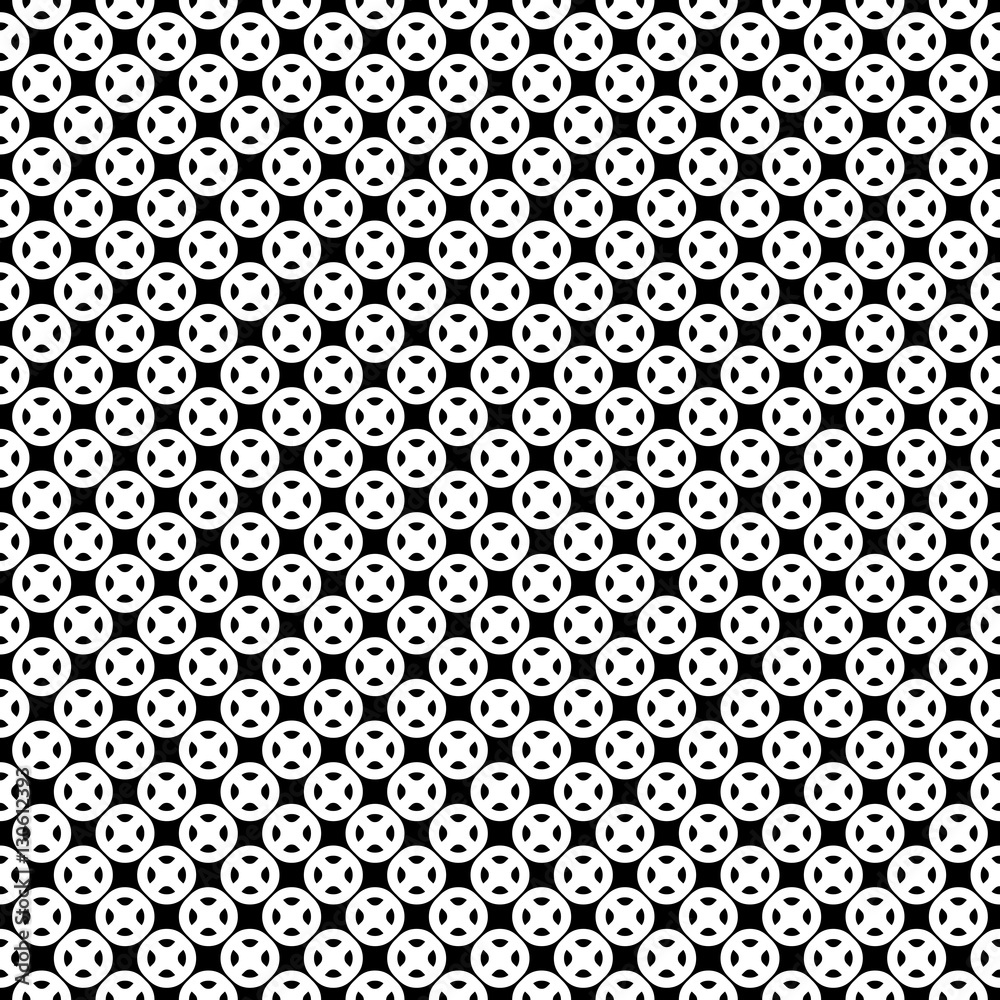Vector monochrome seamless pattern, texture with black & white buttons, simple geometric figures. Abstract repeat symmetric background. Design element for prints, decoration, digital, textile, web