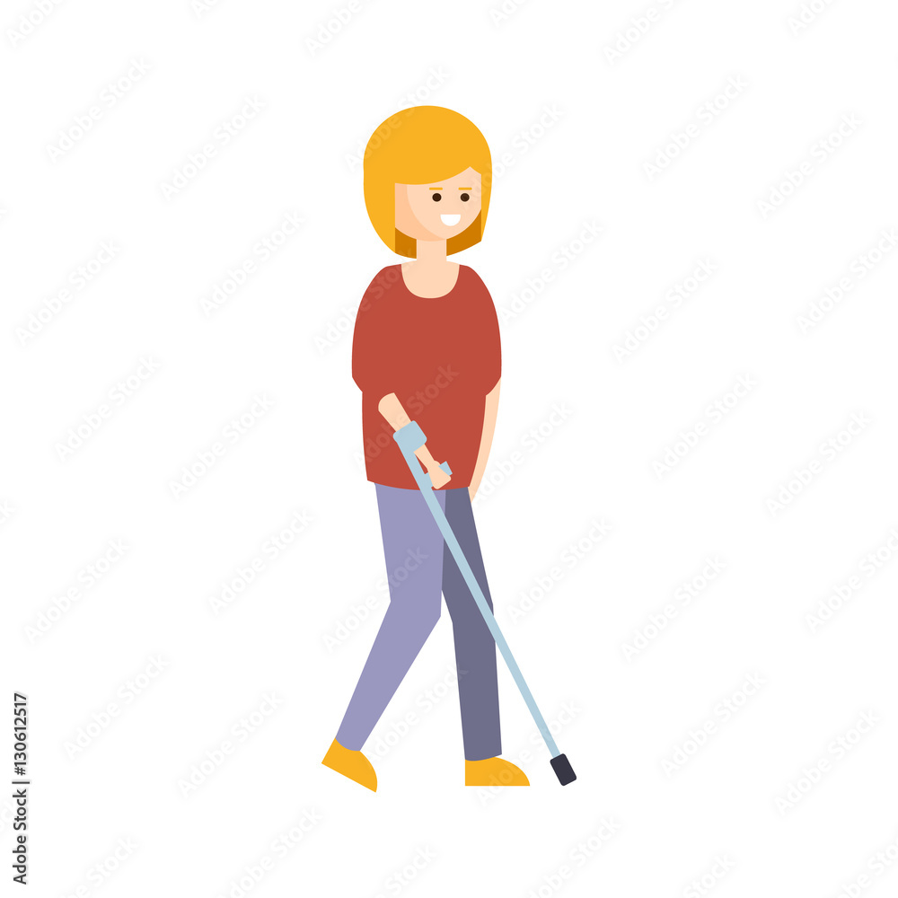 Physically Handicapped Person Living Full Happy Life With Disability Illustration With Smiling Woman Walking With Crouch