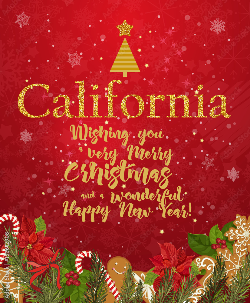 California Merry Christmas and a Happy New Year greeting vector card on red background with snowflakes.