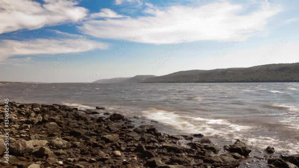 Video time lapse on banks of Volga River late summer in overcast weather Video time lapse on banks of Volga River late summer in overcast weather