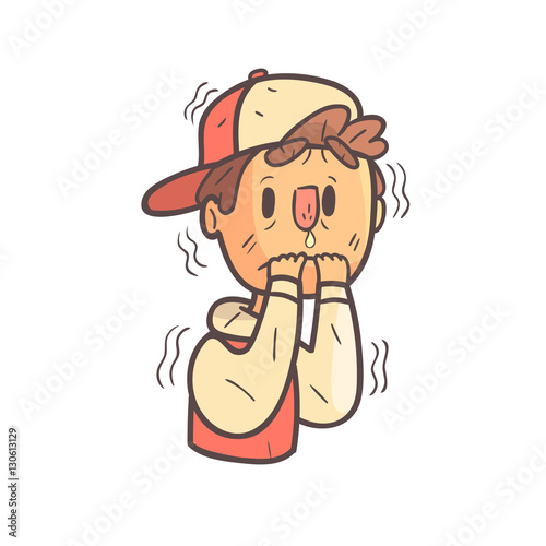 Shaking With Fear Boy In Cap And College Jacket Hand Drawn Emoji Cool Outlined Portrait