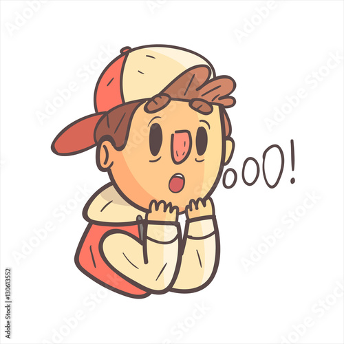 Impressed Boy In Cap And College Jacket Hand Drawn Emoji Cool Outlined Portrait