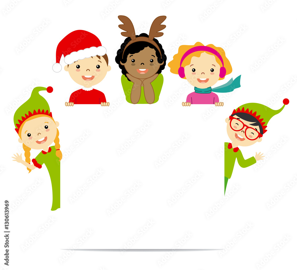 Kids dressed in Christmas costumes. space for text Kids dressed in Christmas costumes. space for text