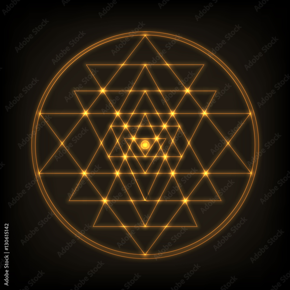 Photo Sri Yantra - symbol of formed by nine interlocking triangles that  radiate out from the central point