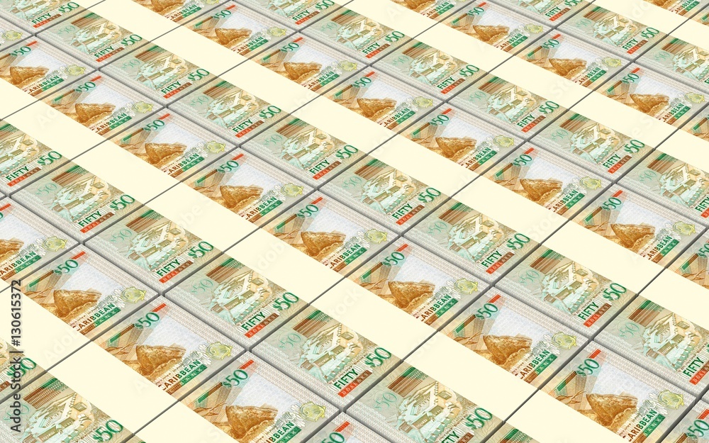 Eastern Caribbean dollar bills stacked background. 3D illustration.