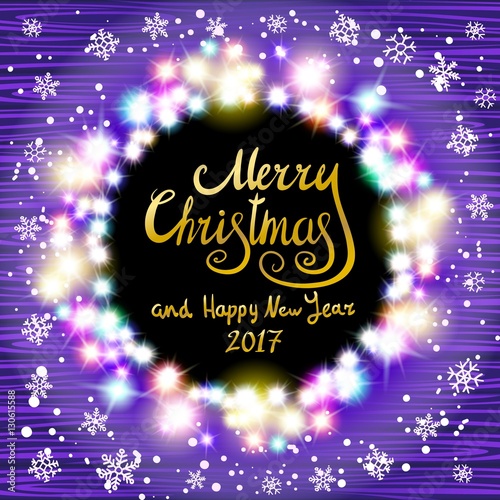 vector Merry Christmas and Happy New Year 2017. Glowing Christmas wreath made of led lights on the violet wooden background. Christmas lights background.