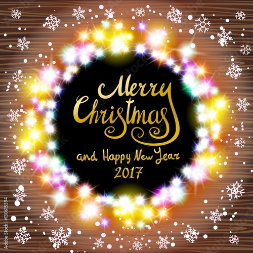 vector Merry Christmas and Happy New Year 2017. Glowing Christmas wreath made of led lights on the wooden background. Christmas lights background.