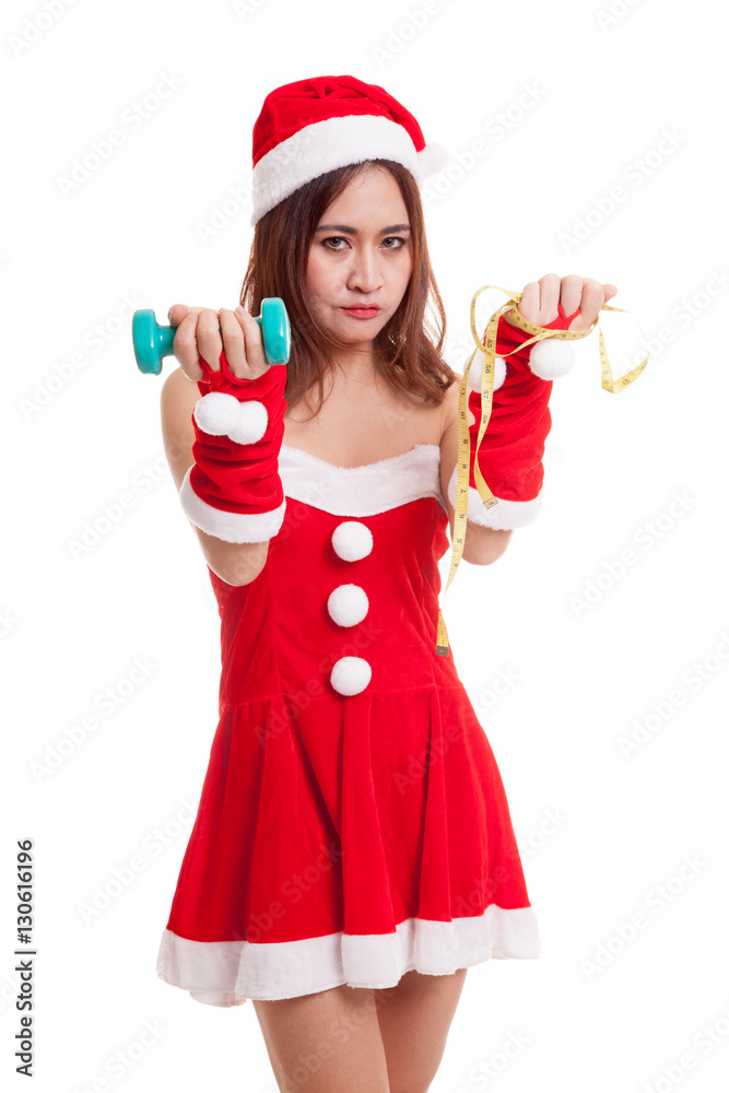 Asian Christmas Santa Claus girl with measuring tape and dumbbel Asian Christmas Santa Claus girl with measuring tape and dumbbel
