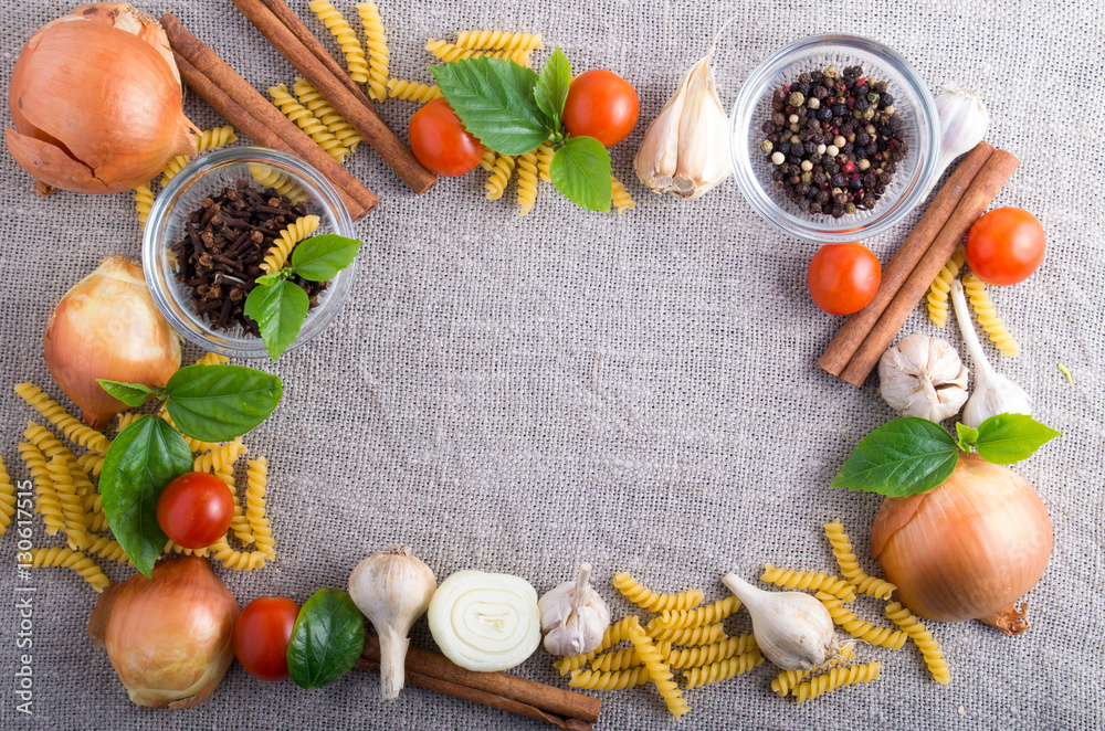 Fototapeta premium Ingredients and spice for food at the kitchen with a blank space