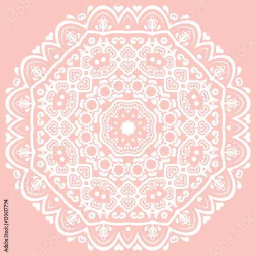Oriental pattern with arabesques and floral elements. Traditional classic round ornament. Pink and white pattern