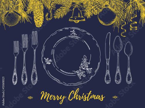 Hand drawn illustration of curly ornamental silver tableware, plate a blue background. Frame with hand drawn elements: branches of fir, cones, streamers, bell, bow, Christmas ball. Vector Illustration