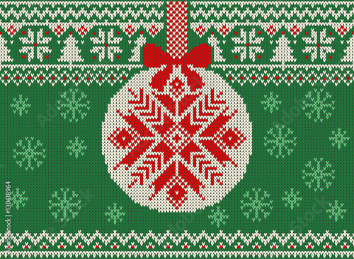 Merry Christmas and New Year seamless knitted pattern with Christmas balls, snowflakes and fir. Scandinavian style. Winter Holiday Sweater Design. Vector Illustration.