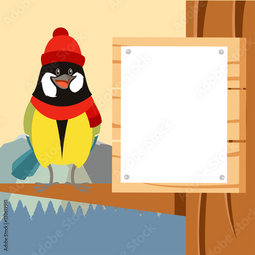 Happy Titmouse with Hat on the Tree winter flat background