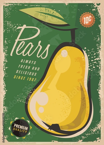Retro fruit poster with pear on old paper texture