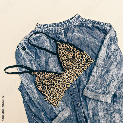 Stylish Minimal Fashion Lady Leopard Bra. Denim Shirt and Leopar photo