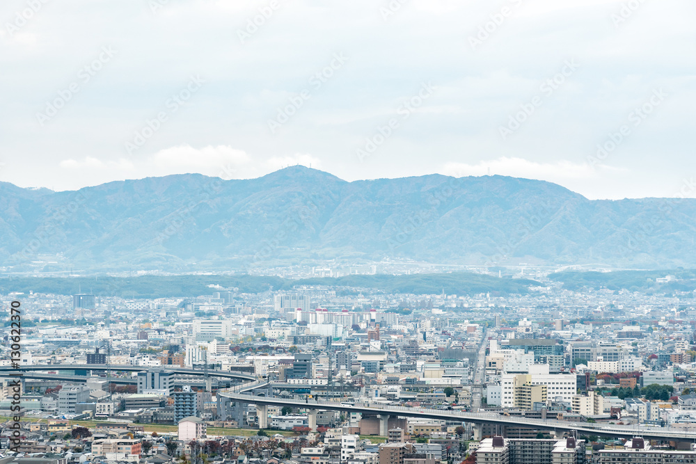 Aerial cityscape of Kyoto city in Japan.