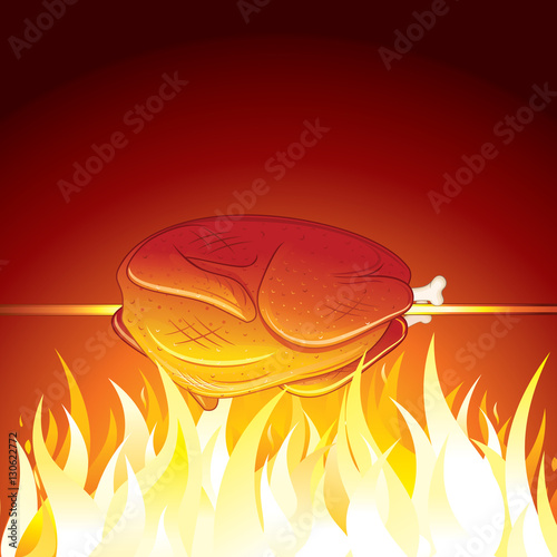Fried Chicken Preparing on Hot Flame. Vector Image