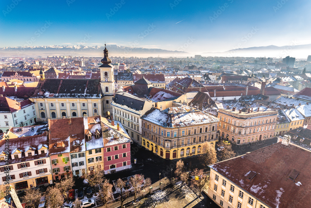 Fototapeta premium Overview of Sibiu, Transylvania, Romania. View from above. HDR Photo.