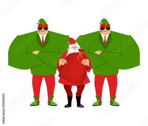 Santa Claus and elves bodyguards. Christmas Santa and guards. Pr