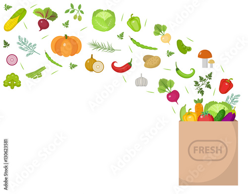 Shopping paper bag with fresh vegetables. Flat design. Set vegetables banner with space for text, isolated on white background. Healthy lifestyle, vegan, vegetarian diet, raw food. Vector illustration