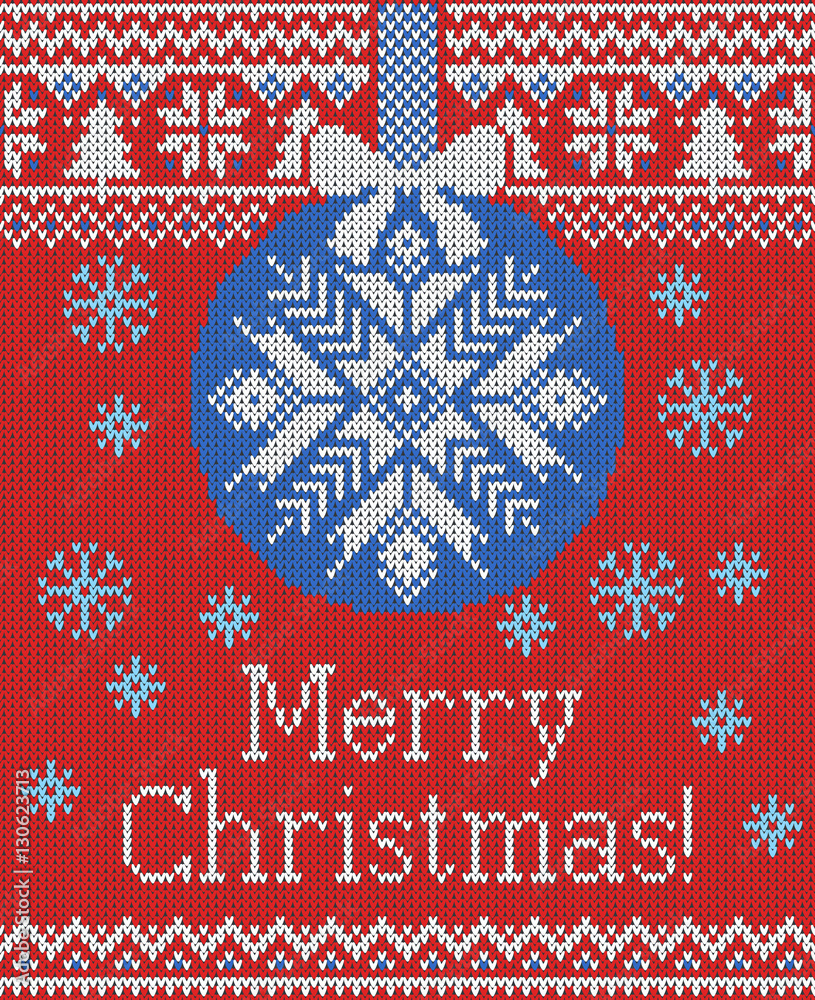 Obraz Merry Christmas and New Year seamless knitted pattern with Christmas balls, snowflakes and fir. Scandinavian style. Winter Holiday Sweater Design. Vector Illustration.