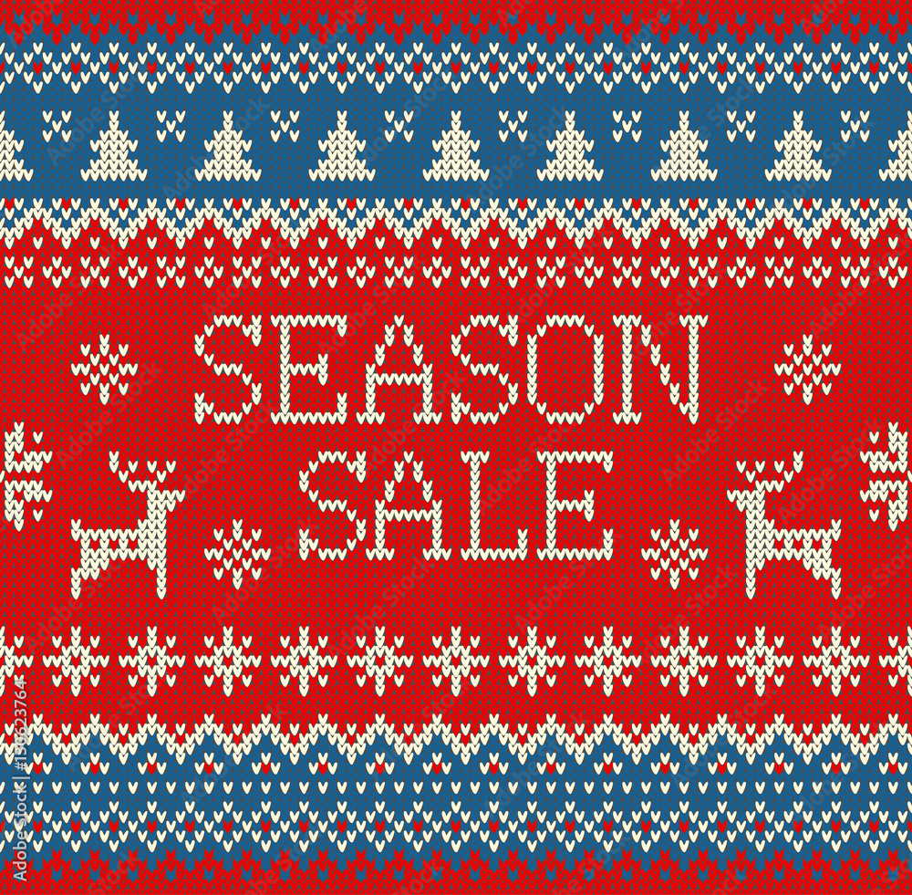 Merry Christmas and New Year seamless knitted pattern with lettering SEASON SALE, deer, snowflakes and fir. Scandinavian style. Winter Holiday Sweater Design. Vector Illustration. Merry Christmas and New Year seamless knitted pattern with lettering SEASON SALE, deer, snowflakes and fir. Scandinavian style. Winter Holiday Sweater Design. Vector Illustration.