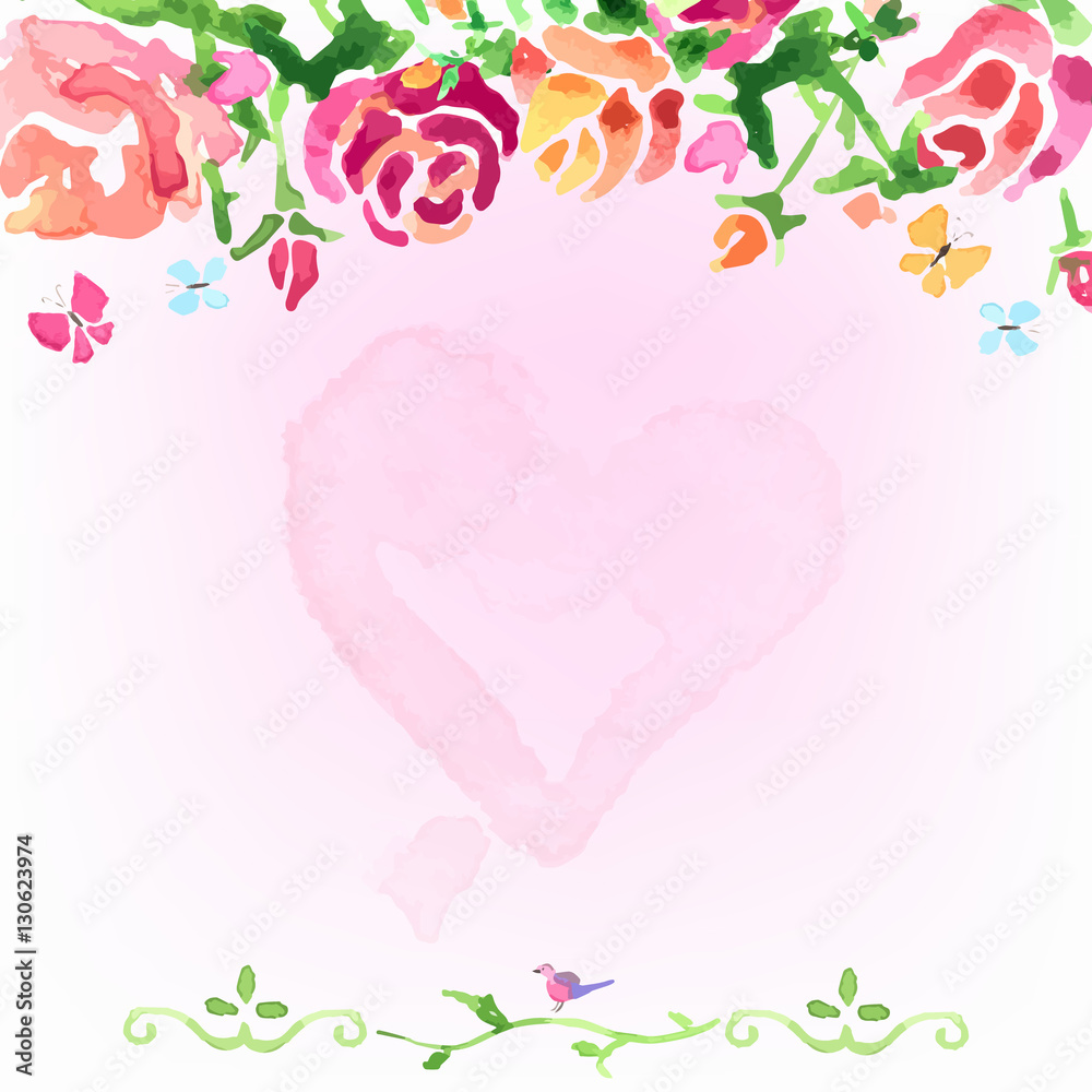 Watercolor flowers background on the day of roses with heart in the center. Valentine's Day. Vector