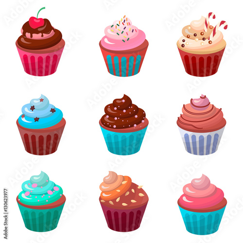 Sweet food chocolate creamy cupcake set isolated vector illustration