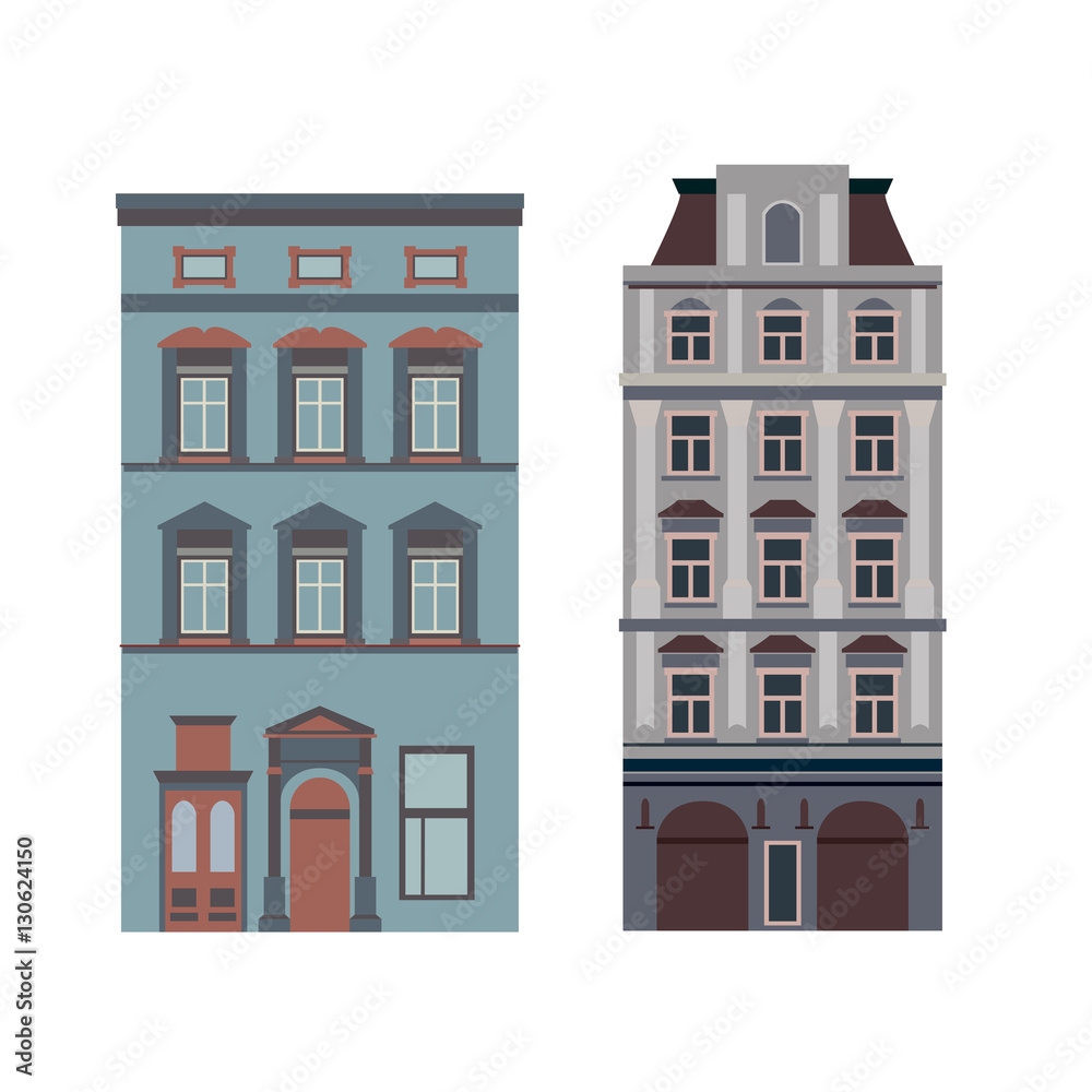 Beautiful detailed linear cityscape collection with townhouses. Small town street with victorian building facades. Template for web, graphic, game and motion design. Vector illustration