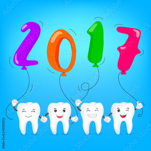 Cartoon tooth holding balloons. Happy New Year concept.  illustration for celebration.