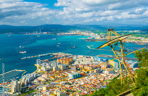 Aerial view of gibraltar with a cable car