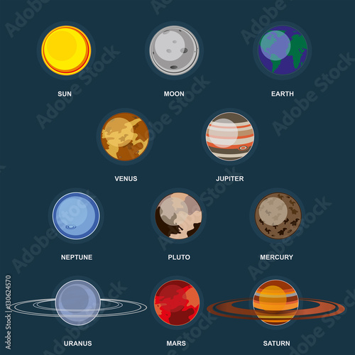 Collection of planets on dark background. Outer space with elements of the galaxy. Set planets of the solar system. 3d icons planet in flat cartoon style. Vector illustration