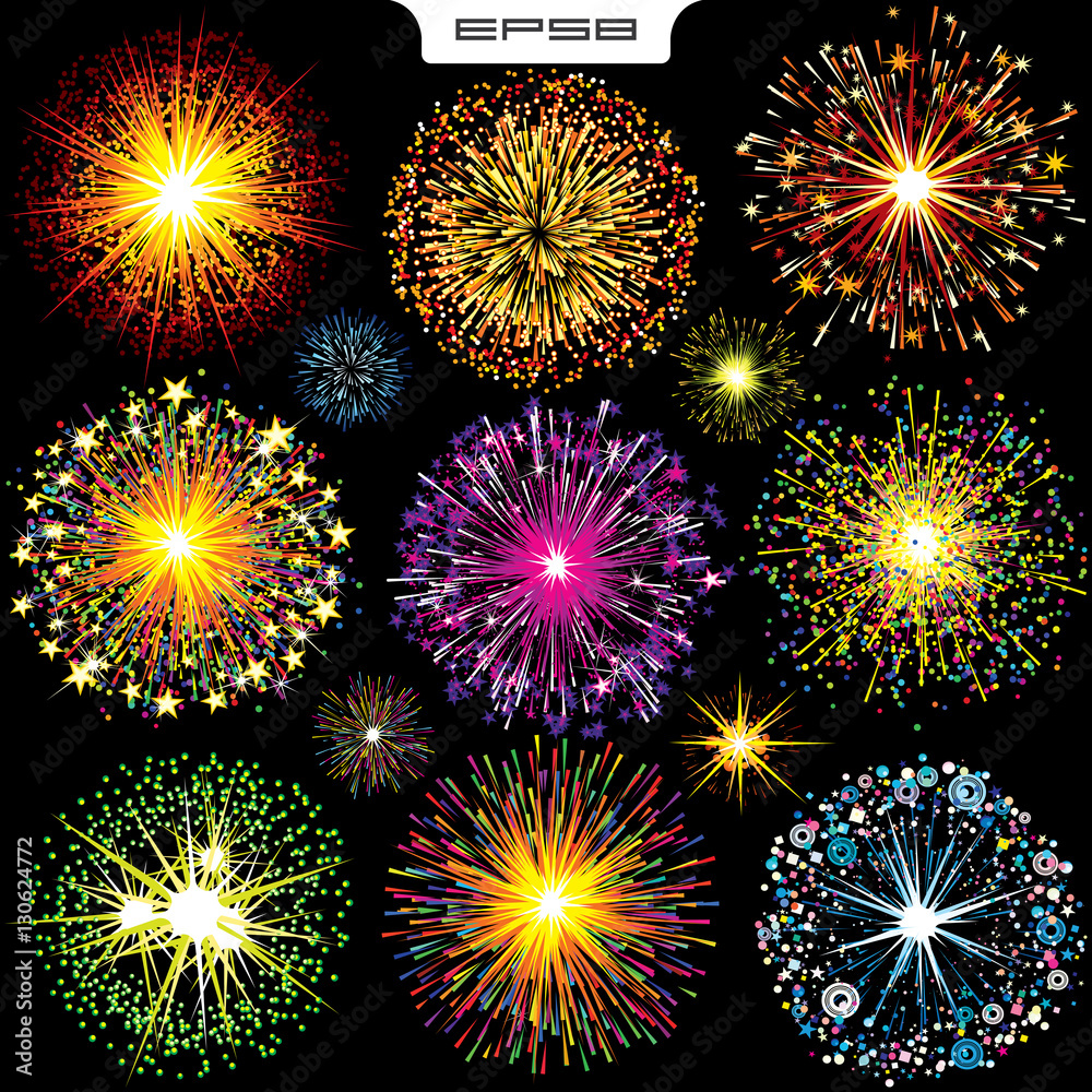 Naklejka premium Bright Colorfiul Explosions, Fireworks. Vector Set