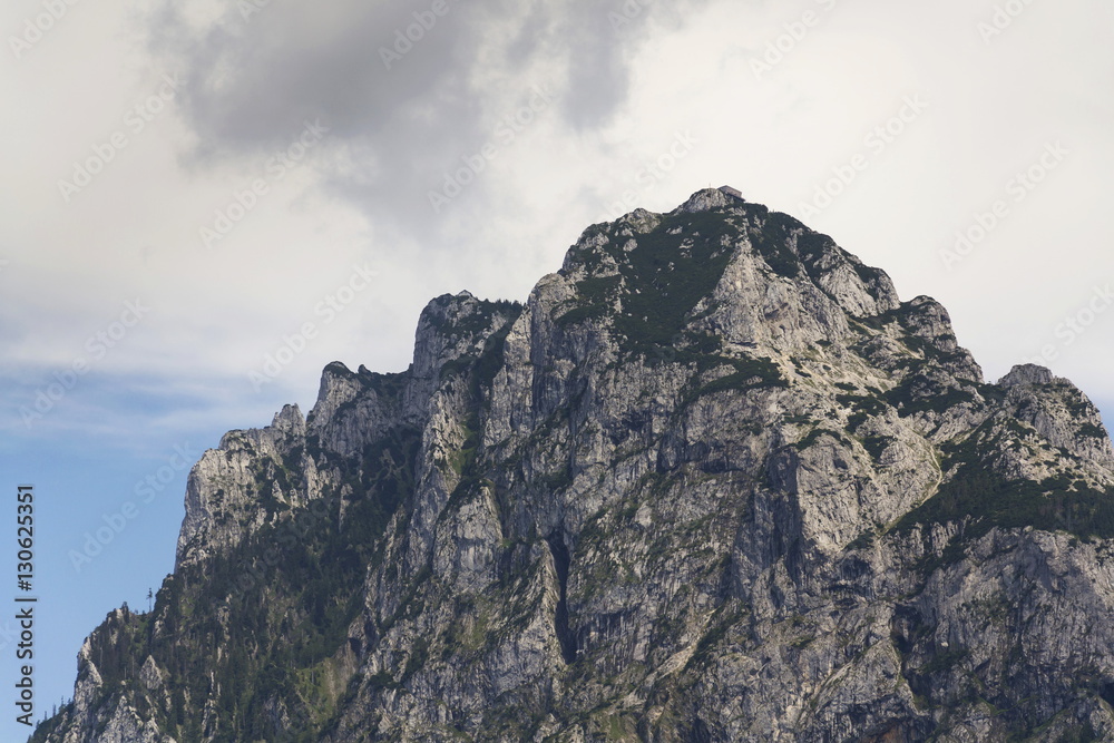 Traunstein Mountain on bank of lake Traunsee in Salzkammergut, Austria