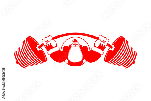 Strong Santa Claus emblem. Santa and barbell logo. Bodybuilder C
