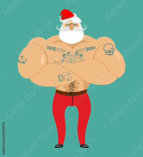 Santa Claus hipster with tattoos. Strong Santa with beard and mu