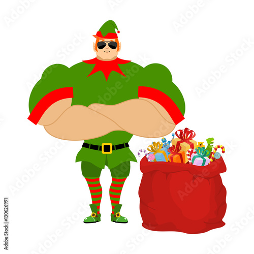 Santa elf and red bag. Claus bodyguards. Christmas guards. Prote